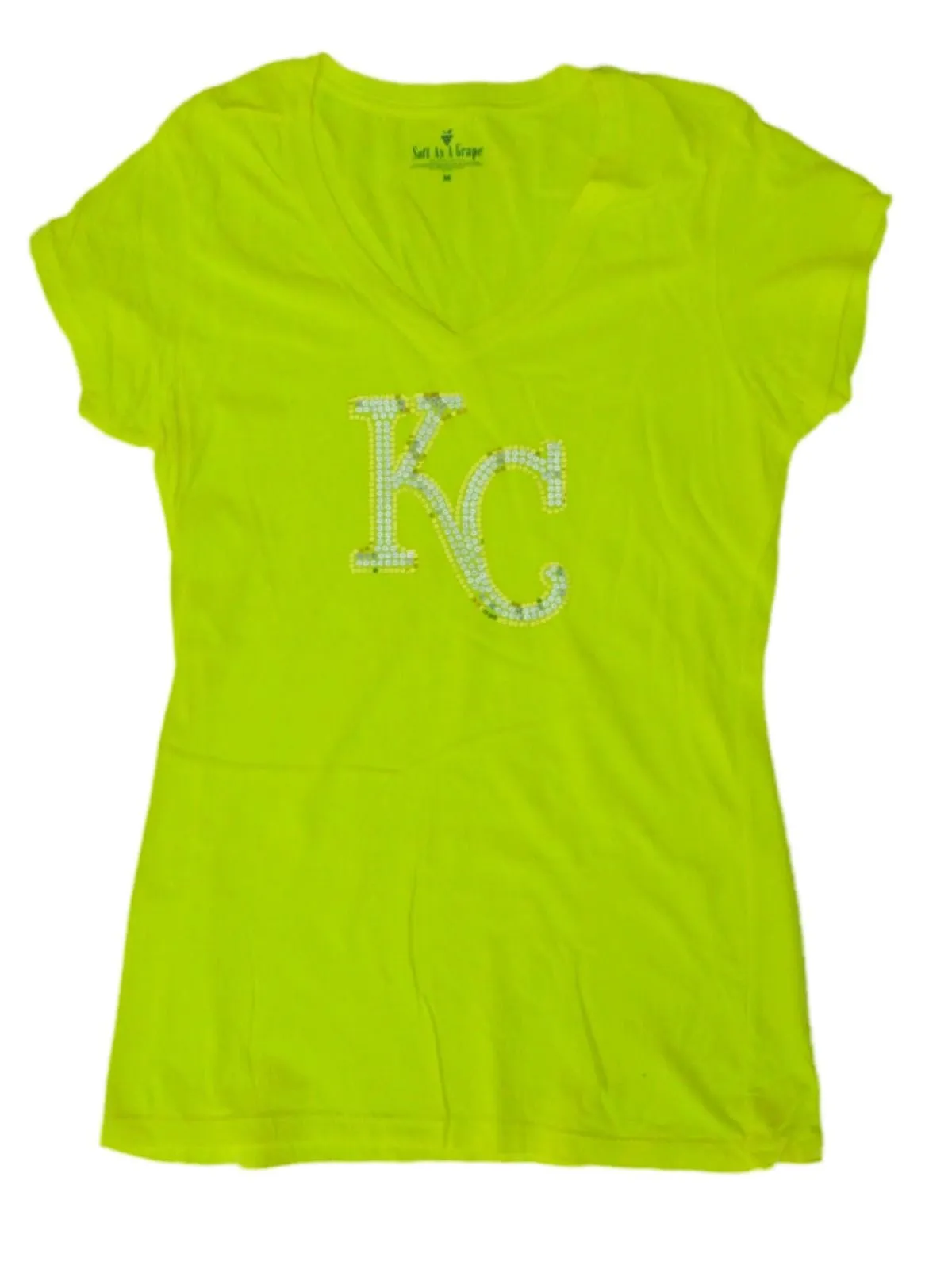 Kansas City Royals SAAG Women Neon Yellow Sequin Cotton V-Neck T-Shirt