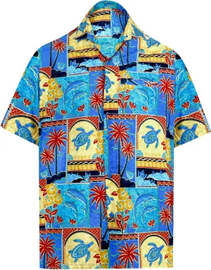 LA LEELA Shirt Casual Button Down Short Sleeve Beach Shirt Men Aloha Pocket Blue_W273