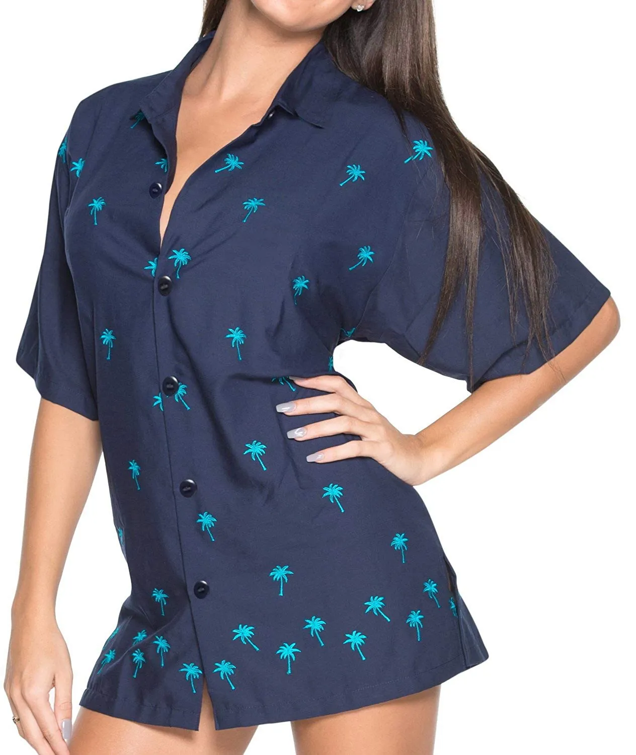 LA LEELA Women's Beach Button Down Short Sleeve Camp Casual Blouse Palm Tree