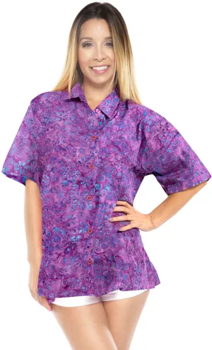 LA LEELA Women's Beach Button Down Short Sleeve Casual 100% cotton Floral hand printed Blouse Purple