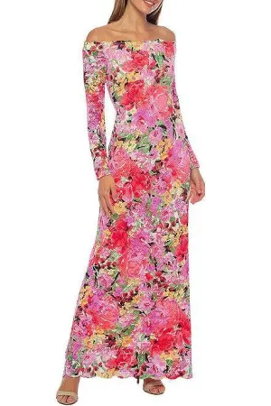 Marina Long Sleeve Off The Shoulder Scalloped Floral Maxi Dress