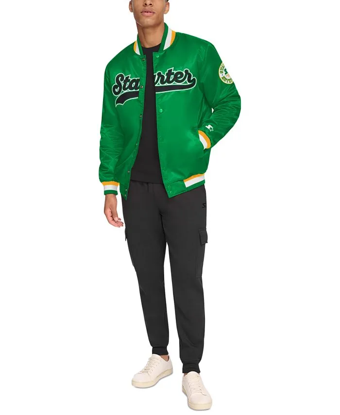 Men's Satin Varsity Bomber Jacket, Regular Fit Starter, Green