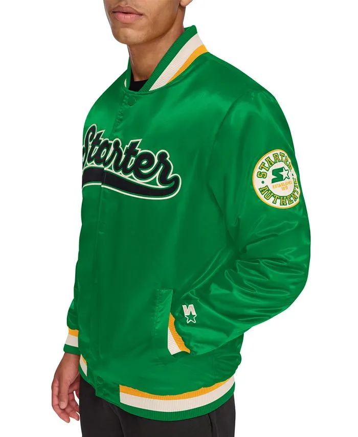 Men's Satin Varsity Bomber Jacket, Regular Fit Starter, Green