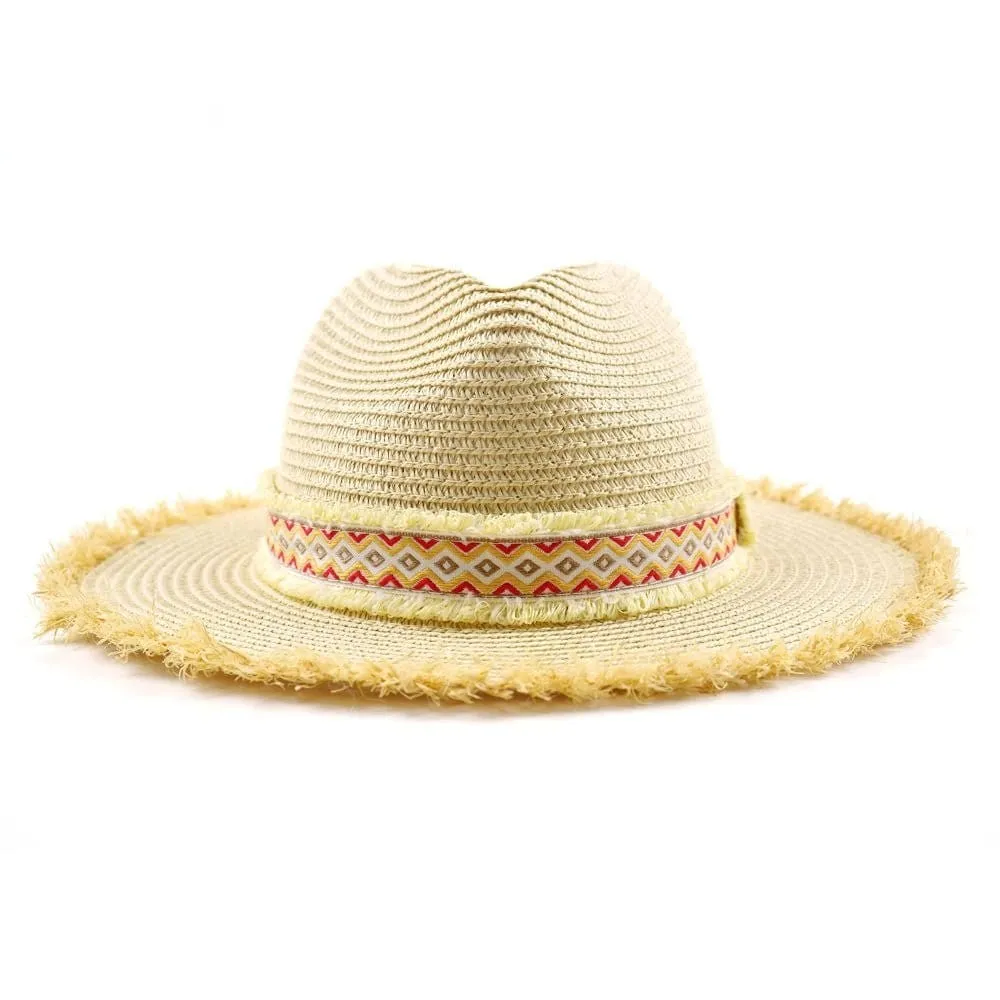 MH0036 Frayed Trim Aztec Banded Straw Hat