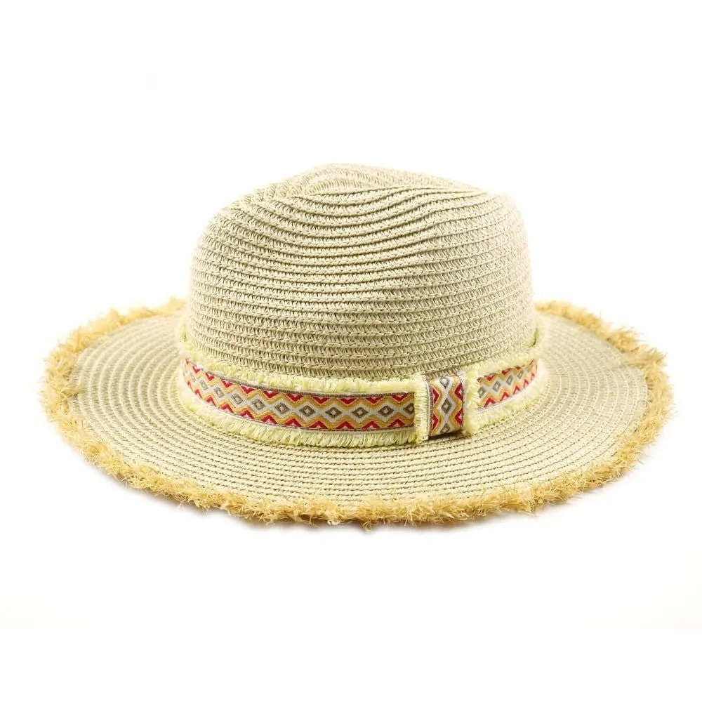 MH0036 Frayed Trim Aztec Banded Straw Hat