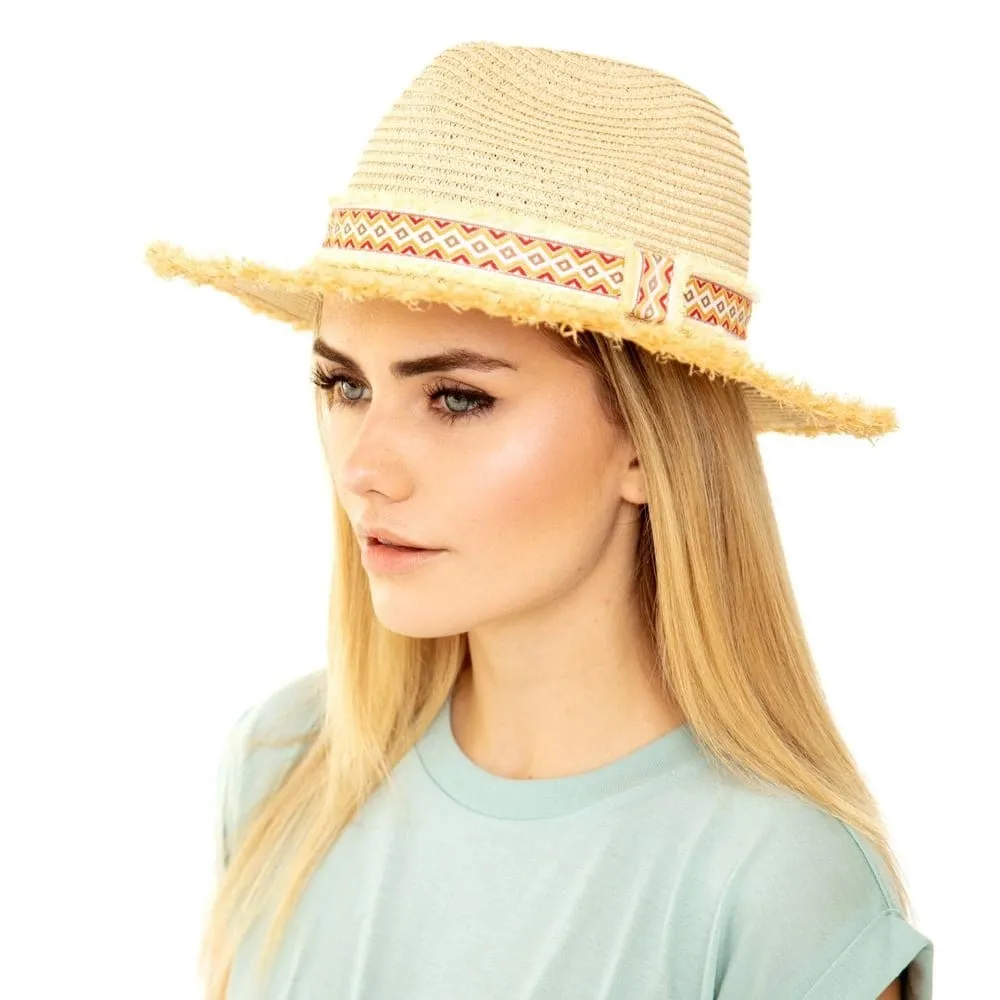 MH0036 Frayed Trim Aztec Banded Straw Hat