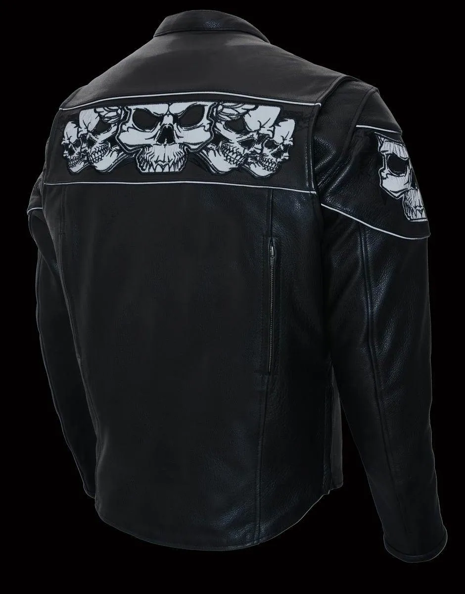 Milwaukee Leather MLM1501 Men's Black 'Cool-Tec' Leather Crossover Scooter Jacket with Reflective Skulls