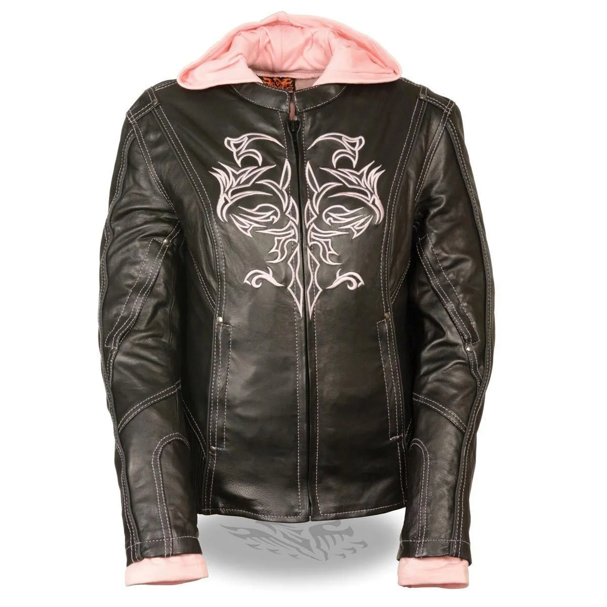 Milwaukee Leather Women's Reflective Tribal 3/4 Length Black/Pink Leather Jacket with Gun Pocket