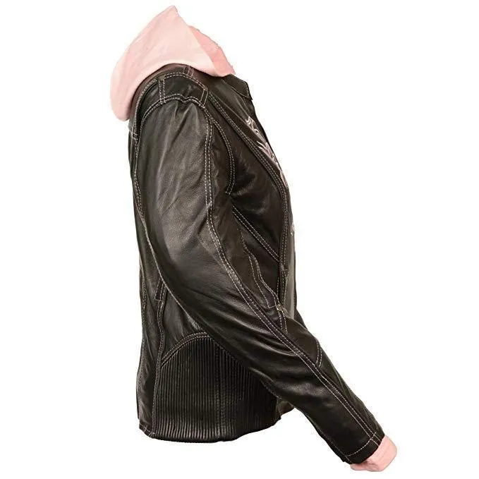 Milwaukee Leather Women's Reflective Tribal 3/4 Length Black/Pink Leather Jacket with Gun Pocket