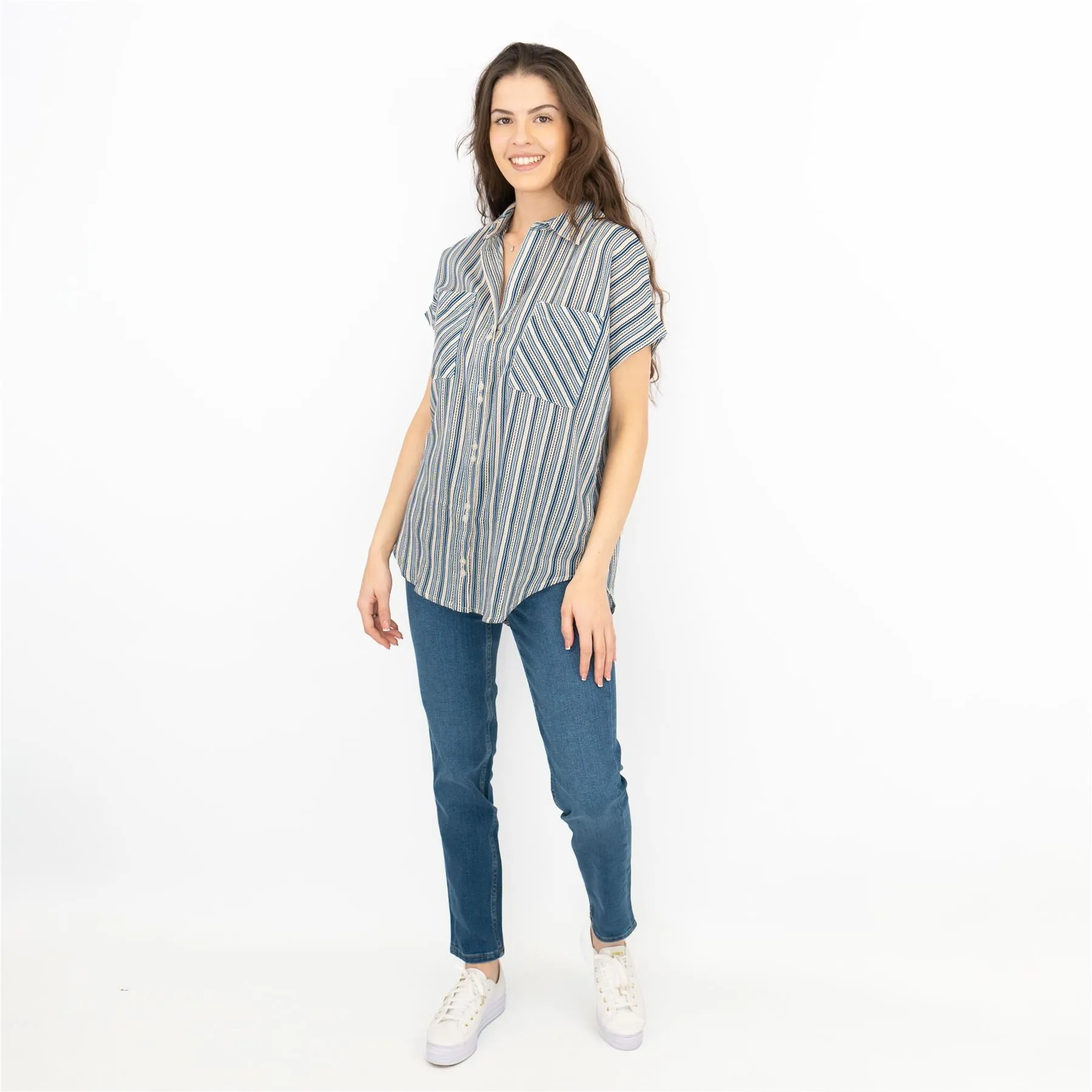 Next Blue Stripe Short Sleeve Relaxed Fit Longline Shirts