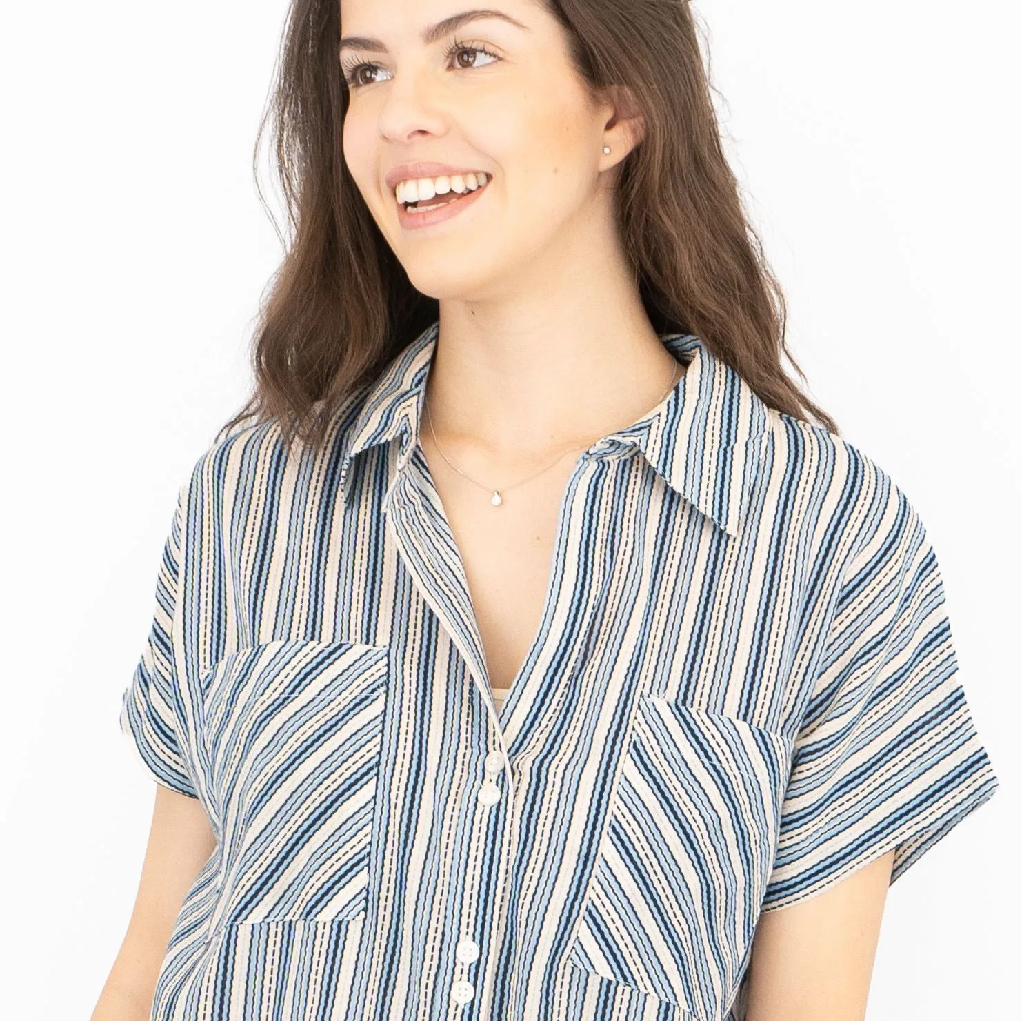 Next Blue Stripe Short Sleeve Relaxed Fit Longline Shirts