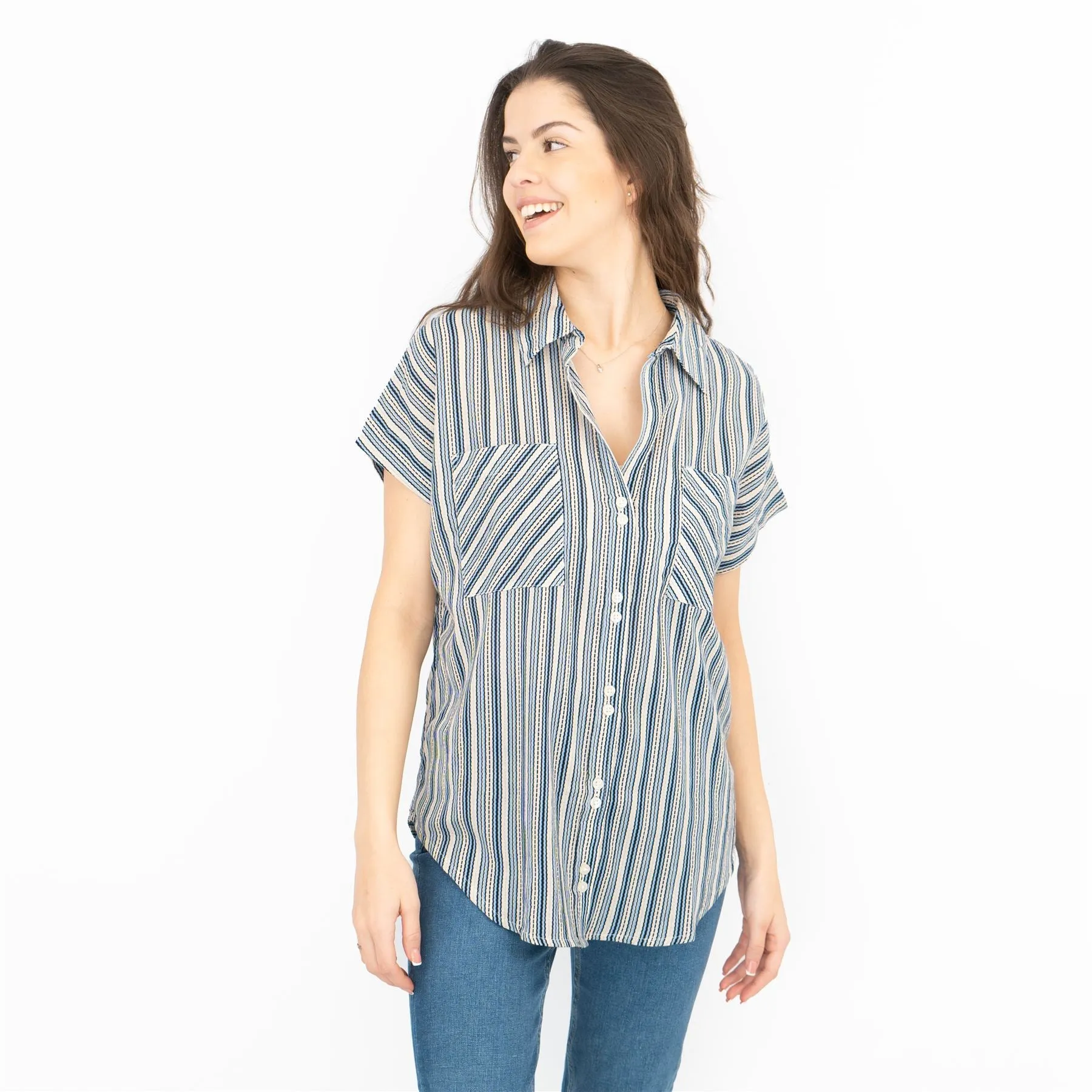 Next Blue Stripe Short Sleeve Relaxed Fit Longline Shirts