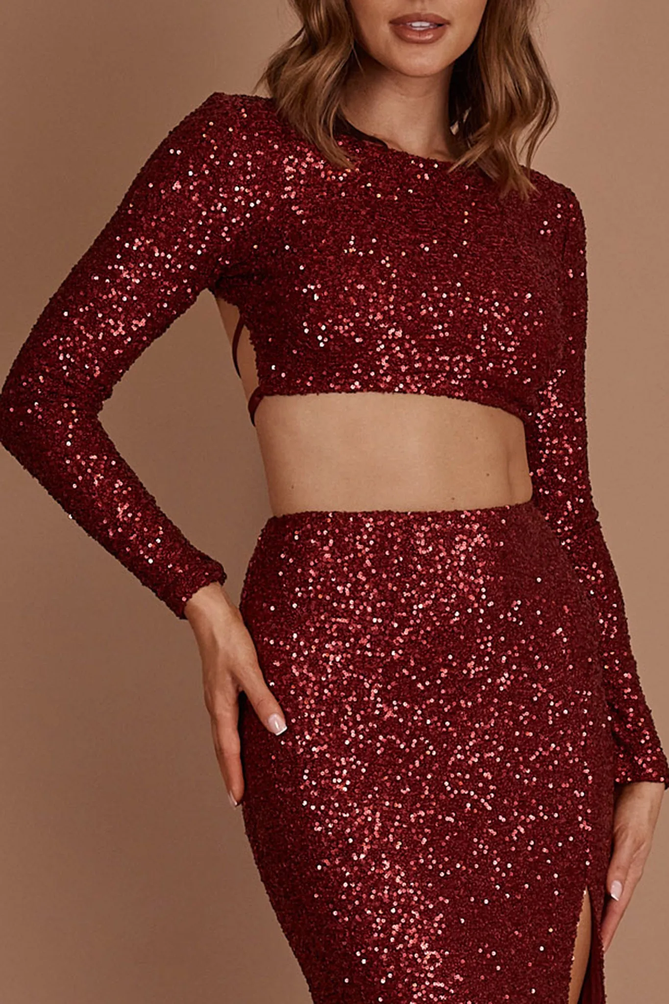 Nights In Monaco Sequin Crop Top Burgundy