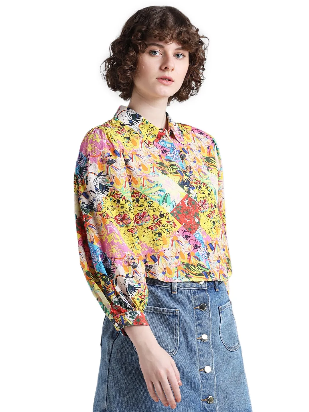 ONLY Women's Floral Relaxed Fit Shirt (15334388- Lemon