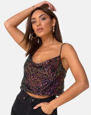 Paima Strappy Top in Drape Net Sequin Iridescent Burgundy