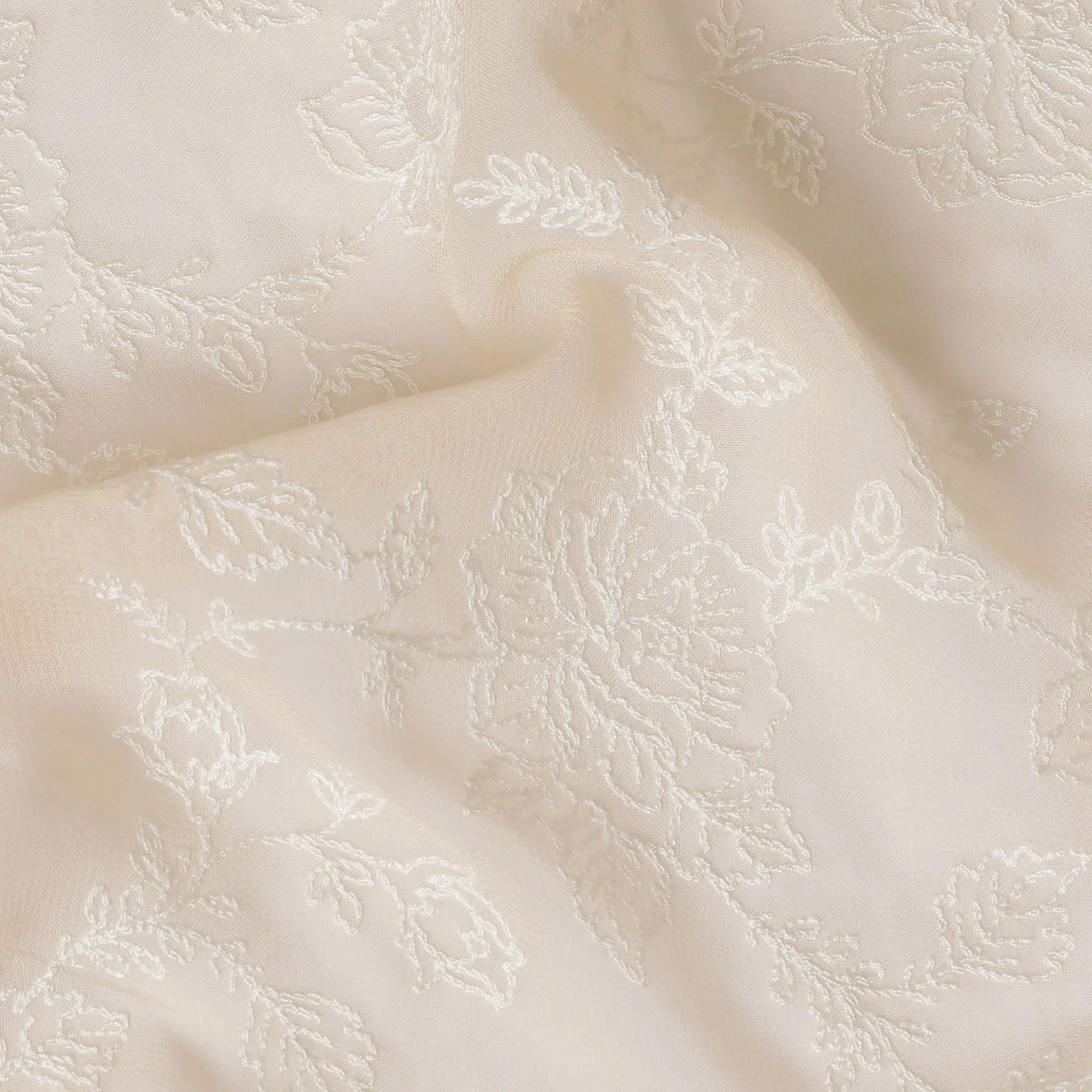 Peach White Embroidered Georgette Fabric - 110 cm Width, Elegant & Sheer, Perfect for Bridal Wear-D19148