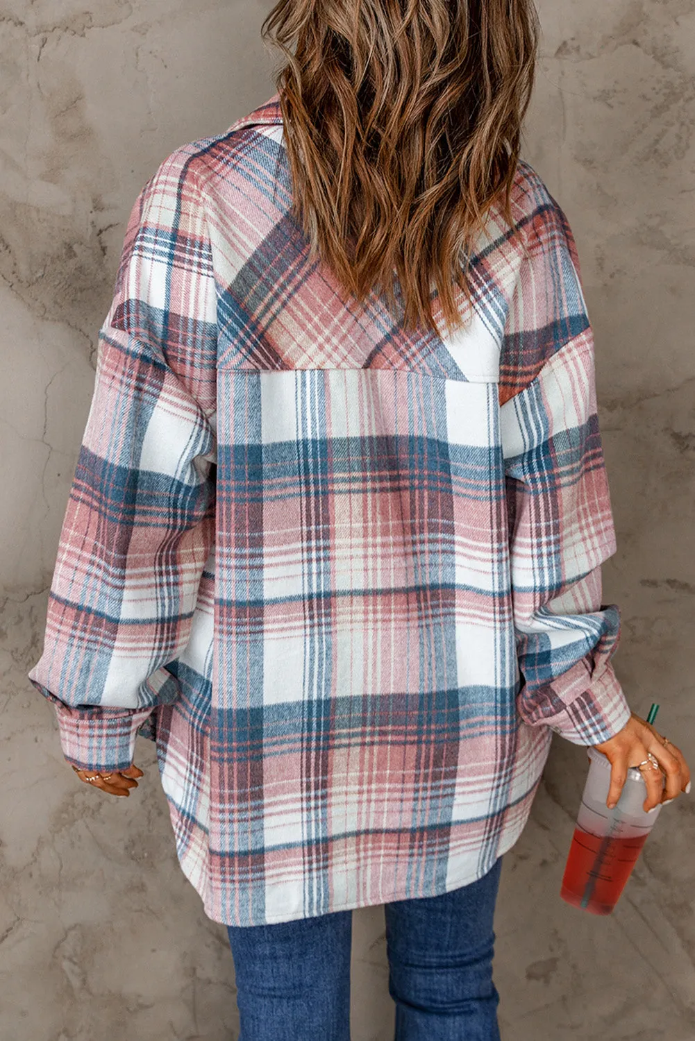 Pink & Grey Plaid Button Up Collared Flannel Shacket