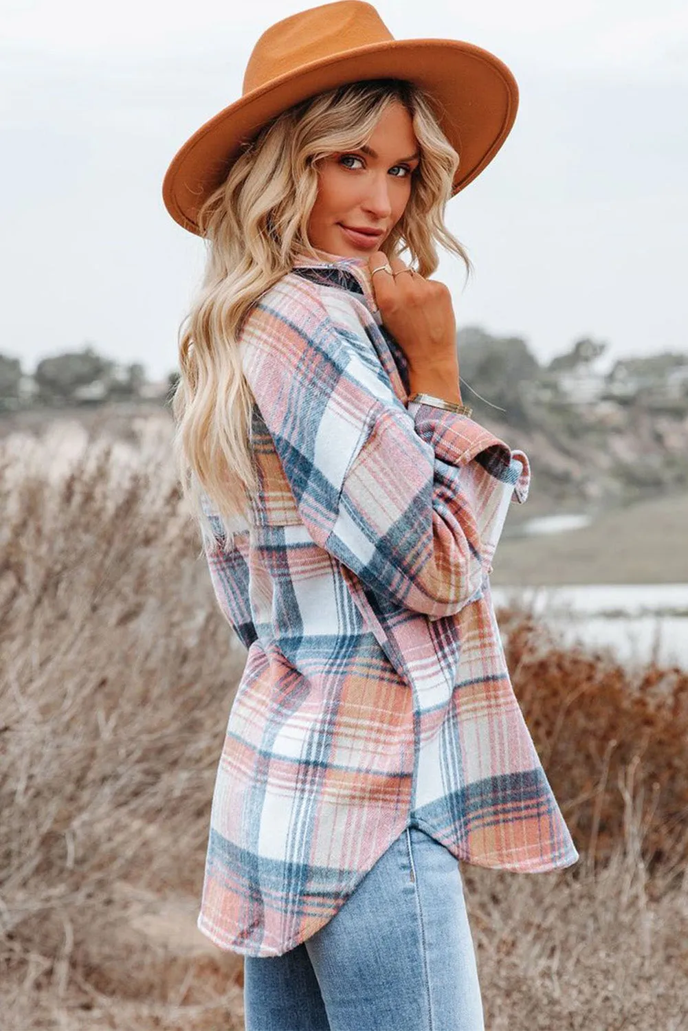 Pink & Grey Plaid Button Up Collared Flannel Shacket