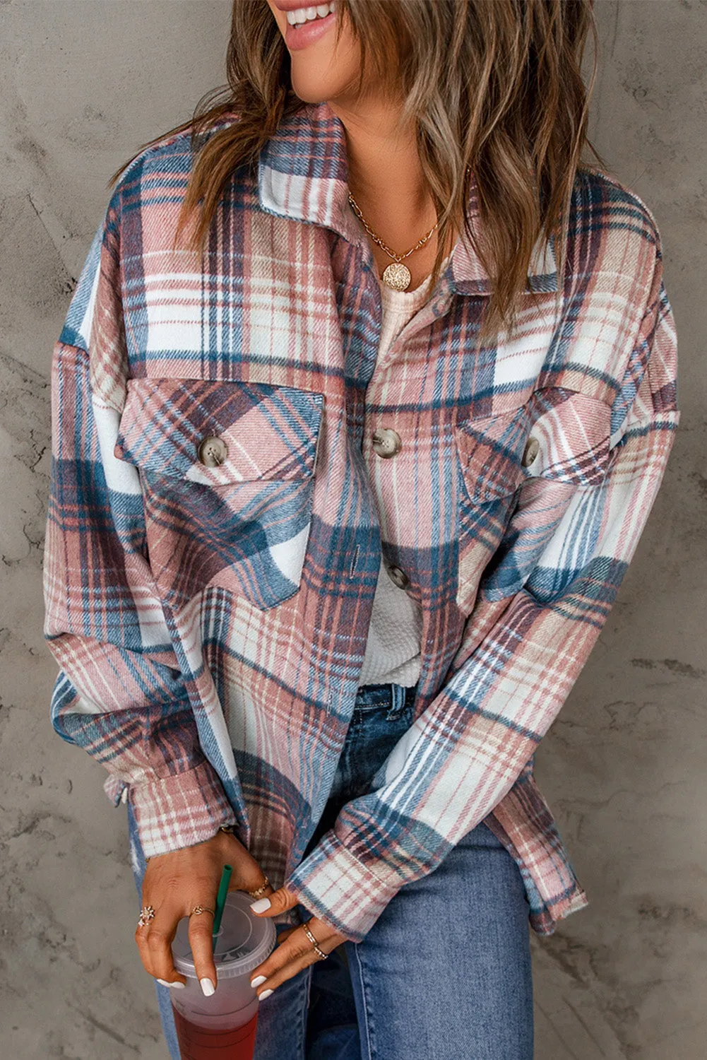 Pink & Grey Plaid Button Up Collared Flannel Shacket