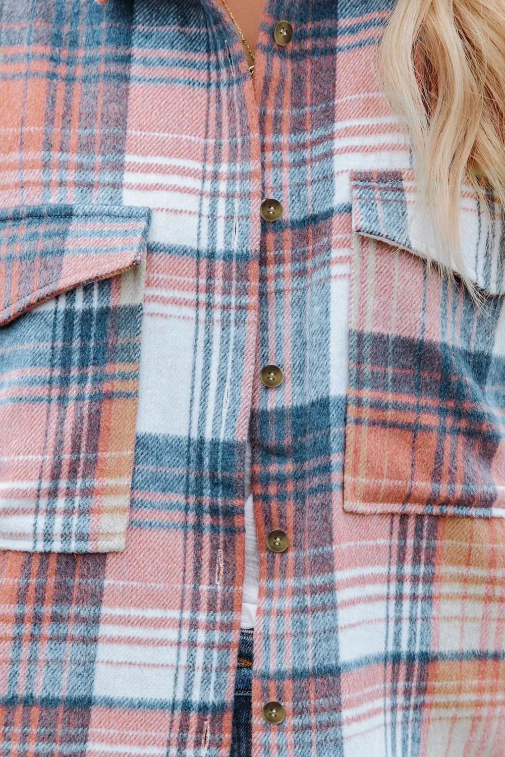 Pink & Grey Plaid Button Up Collared Flannel Shacket