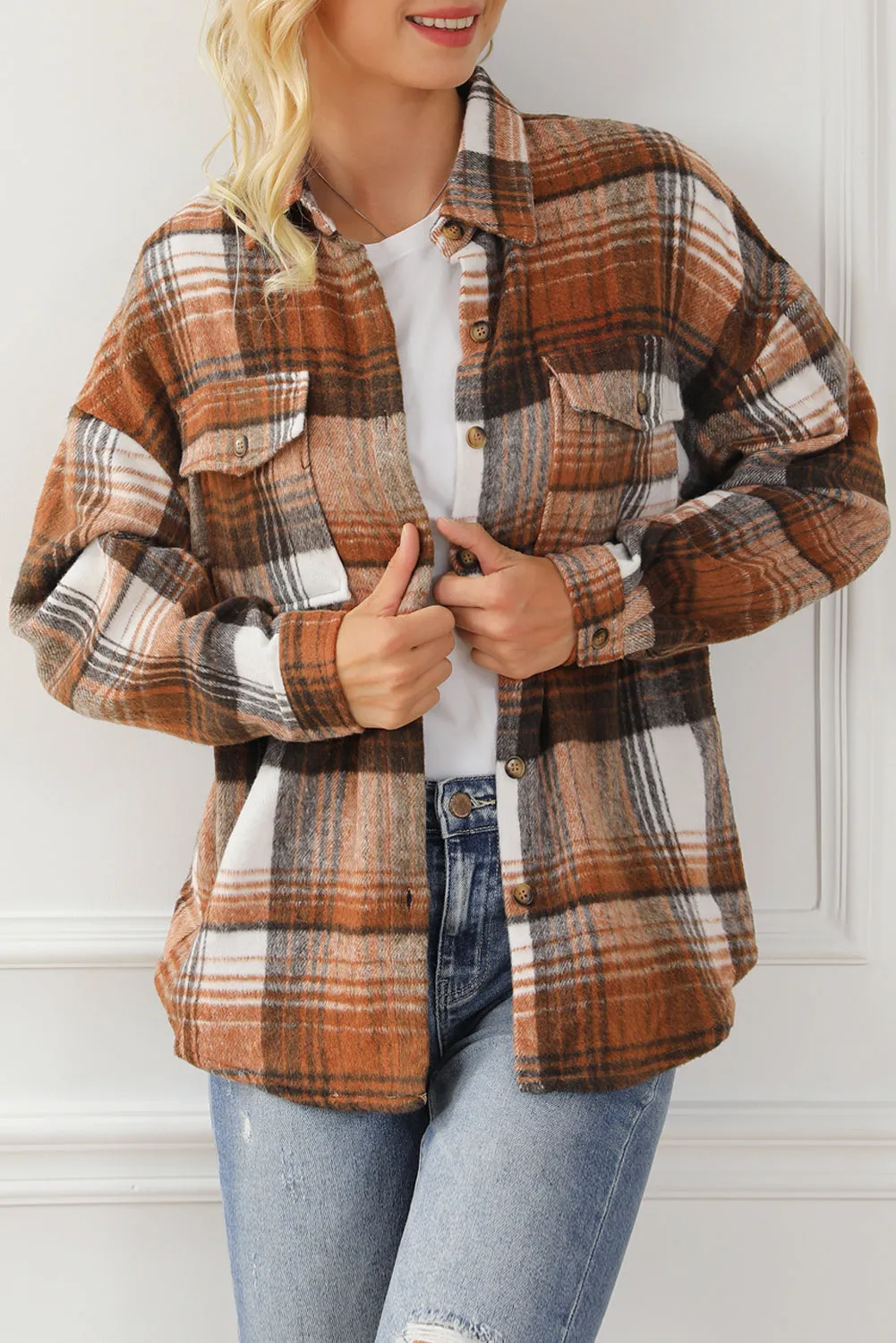 Pink & Grey Plaid Button Up Collared Flannel Shacket