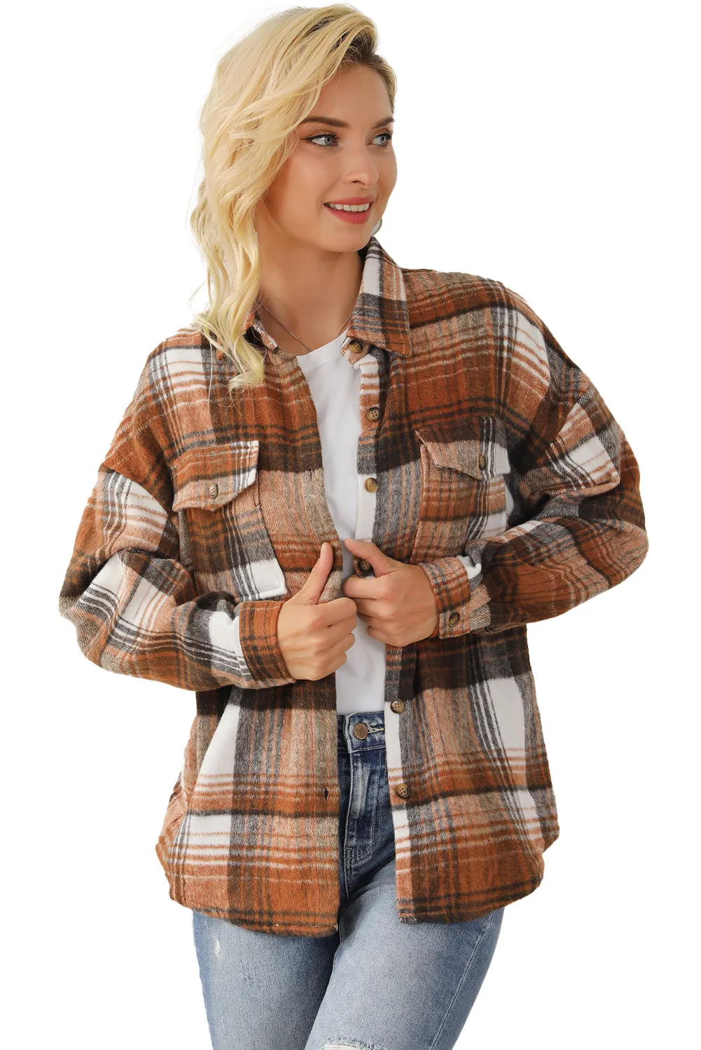 Pink & Grey Plaid Button Up Collared Flannel Shacket