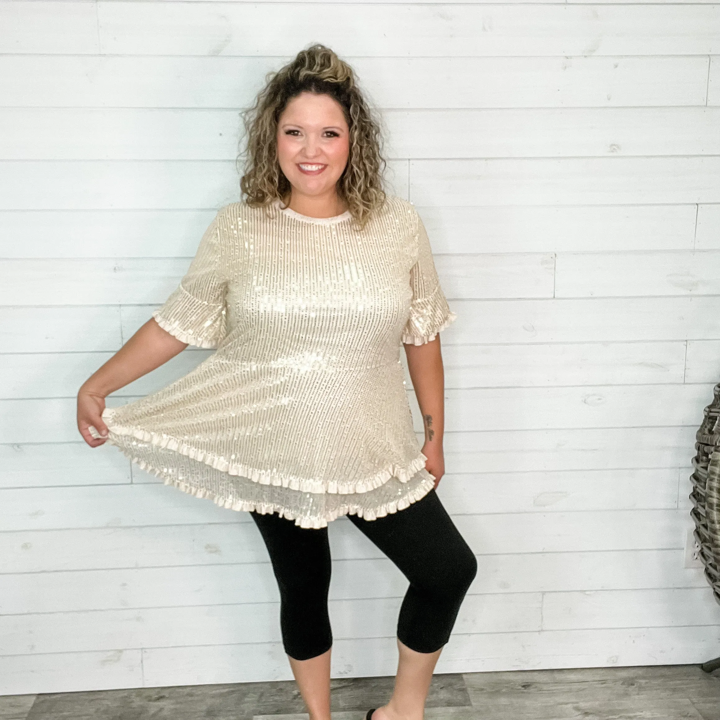 "Caught A Glimpse" Sequined Ruffle Hem and Sleeve (Gold)