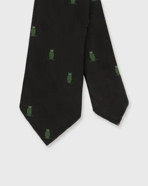 Silk Woven Club Tie in Black/Green Owl