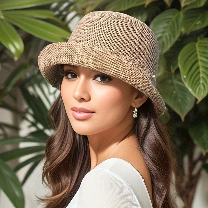 Stylish Faux Pearl Bucket Sun Hat with UV Protection