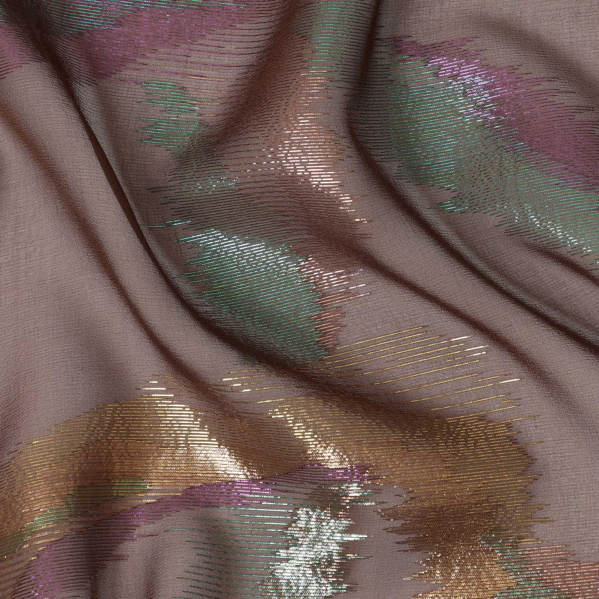 Taupe Silk Chiffon Fabric with Metallic Lurex Design, 110 cm Width-D20677