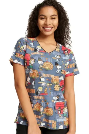 Tooniforms Women's V-Neck Thanksgiving Print Scrub Top | Grateful Snoopy