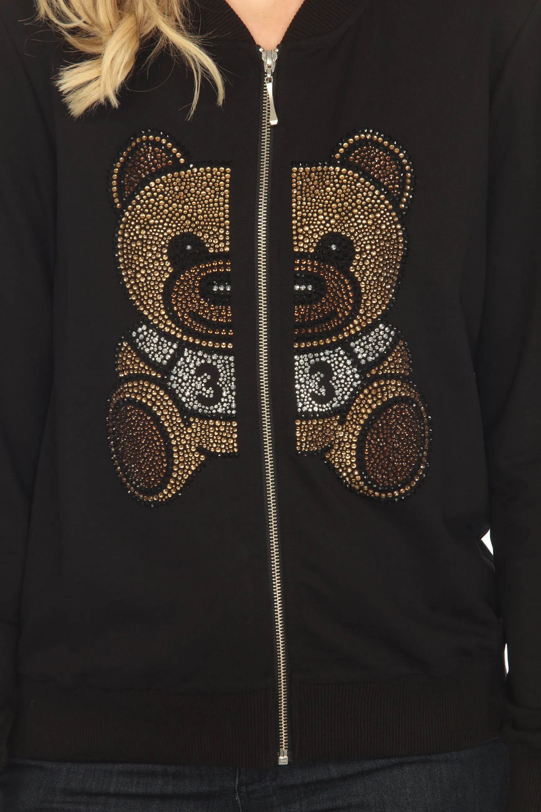 Tricotto Black Bear Rhinestones Zip-Up Long Sleeve Jacket 527