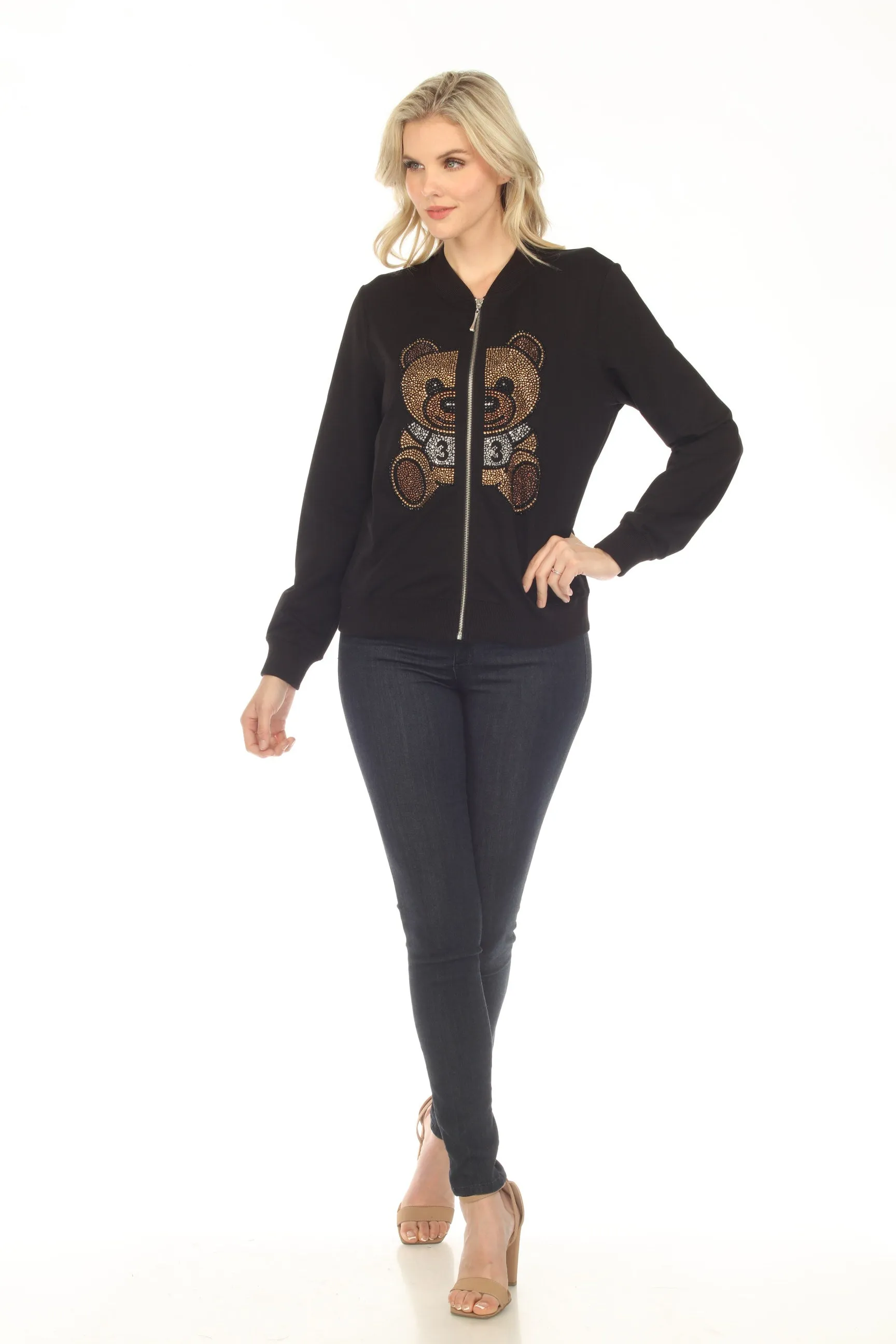 Tricotto Black Bear Rhinestones Zip-Up Long Sleeve Jacket 527