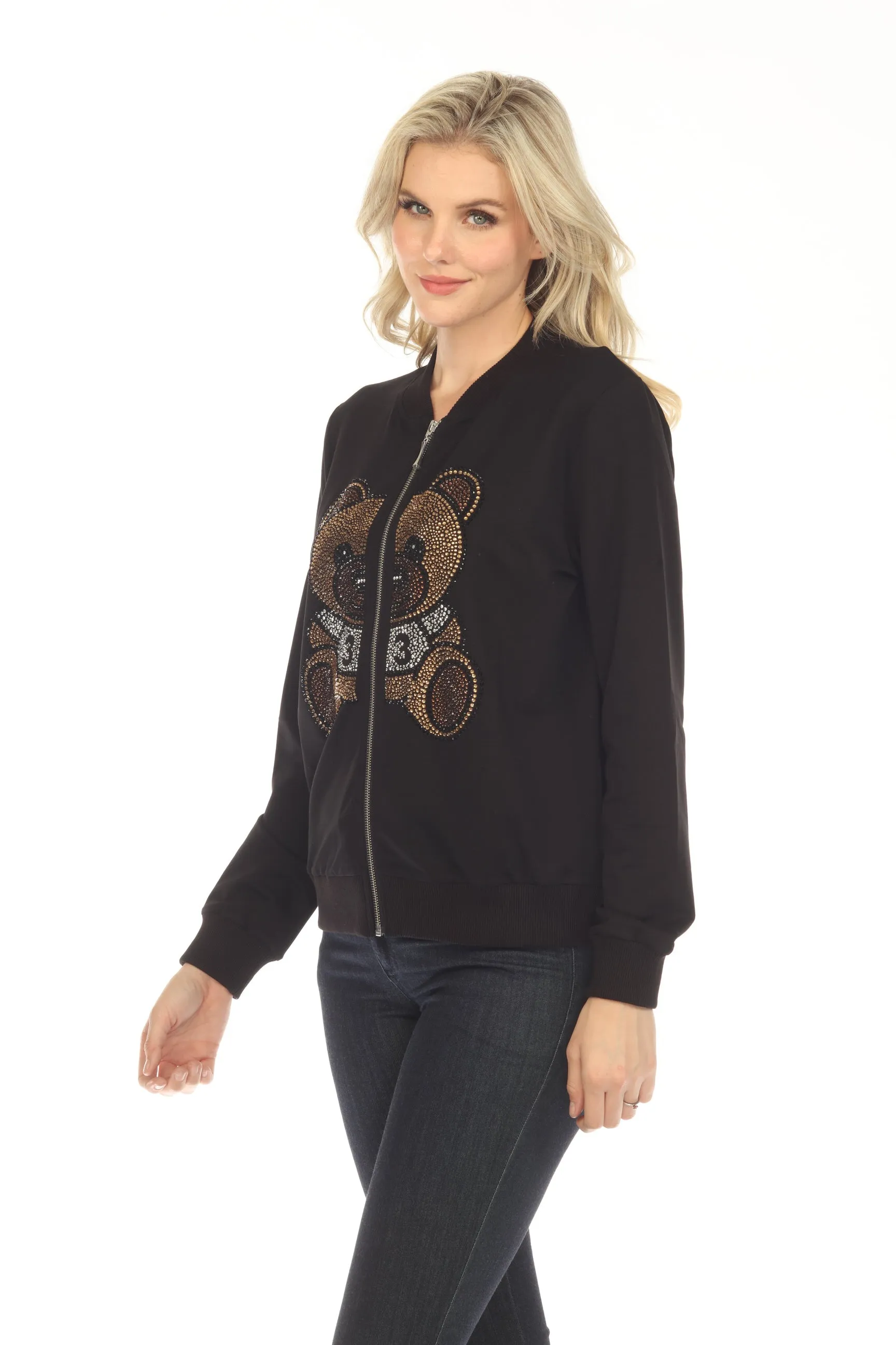 Tricotto Black Bear Rhinestones Zip-Up Long Sleeve Jacket 527