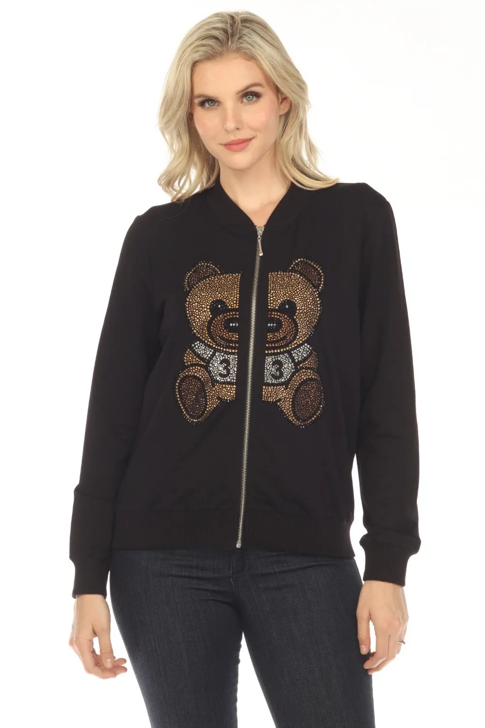 Tricotto Black Bear Rhinestones Zip-Up Long Sleeve Jacket 527