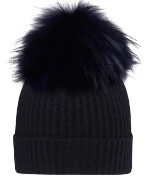 Unisex Ribbed Cashmere Hat With Detachable Pom Navy Blue