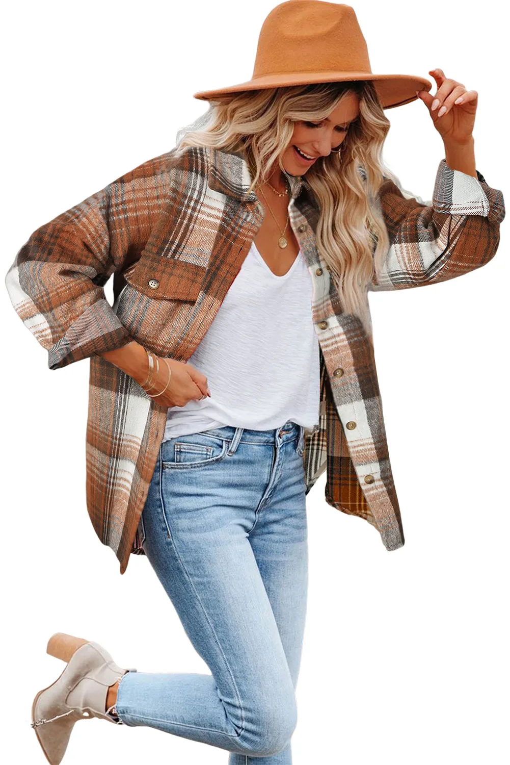 Wholesale Gold Flame & Grey Plaid Button Up Collared Flannel Shacket