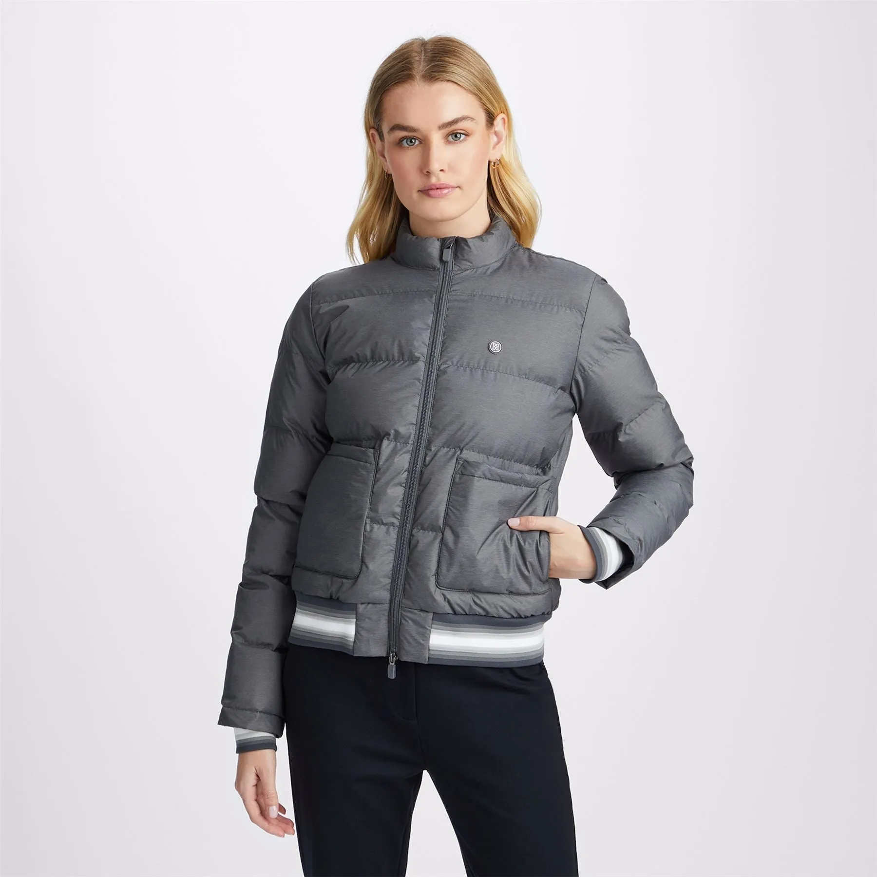 Womens Coated Nylon Melange Puffer Jacket Charcoal Heather Grey - AW23