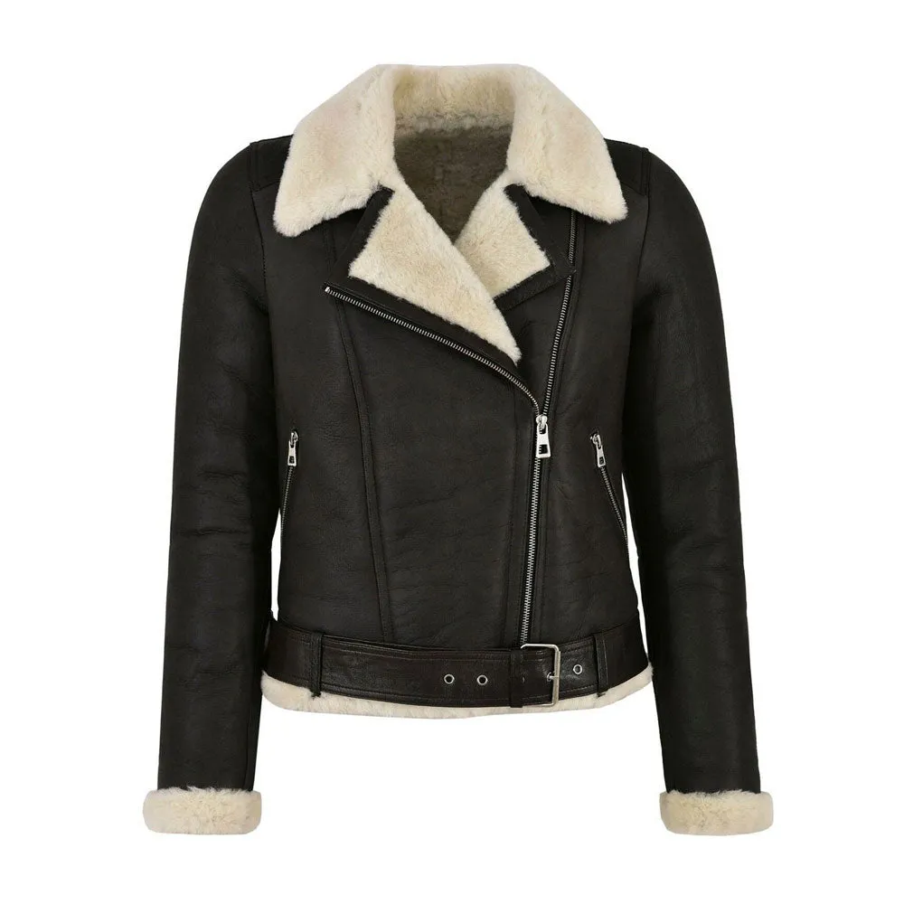 WOMENS GENUINE LEATHER FAUX FUR SHEARLING BIKER JACKET